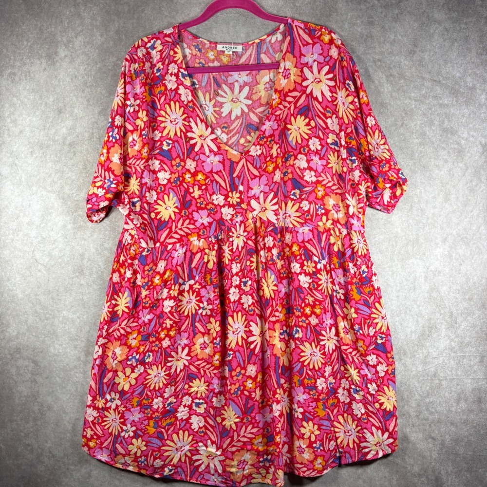 Andree by Unit Dress Womens 1X Pink Floral Babydoll Boho V-Neck Short Sleeve